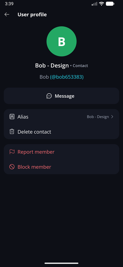 Contact Book π Β· Mobile The profile shows your alias, with the public display name and username underneath.