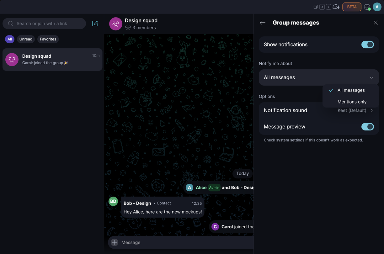 Notifications π Β· Desktop On Group messages, 'Notify me about' lets you choose All messages or Mentions only.
